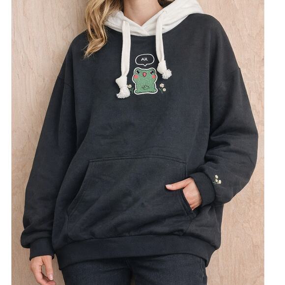 Fuwatty Other - Fuwatty Frog Embroidered Hoodie Black XL Oversized Cute Kawaii Pullover